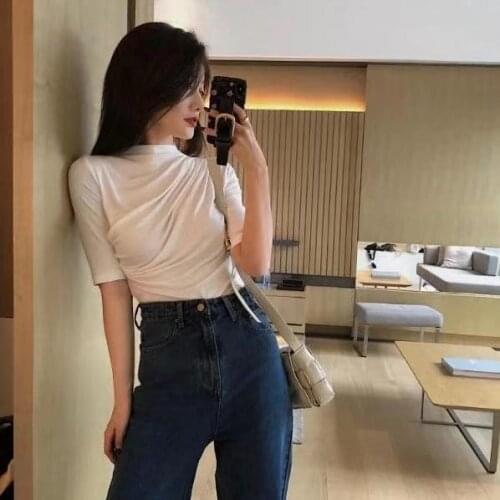 New solid color five-point sleeves 2021 Korean casual fashion pleated T-shirt Slim slimming bottoming shirt
