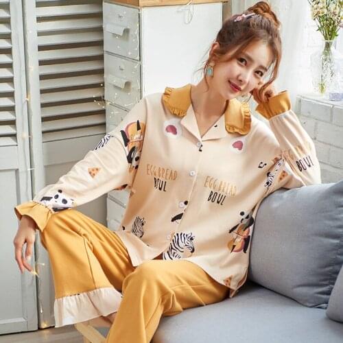 New Autumn Winter Sleepwear 2 Piece Sets For Womens Cotton Sleepwear Pajamas Homewear Large Size Pijama Pyjama XXXL