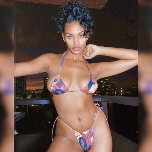 New Womens Sexy Two Piece Bikini Suits Fashion Digital Printed Halter Colorful Tops And Bandage Low Waist Thong Swimming Wading