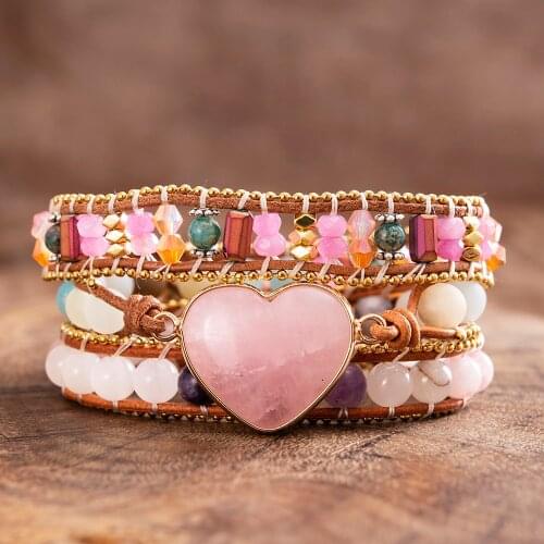 Wholesale Pink Crystal Stone Heart Wrap Bracelets with Stainless Steel Chain Bracelet Boho Jewelry