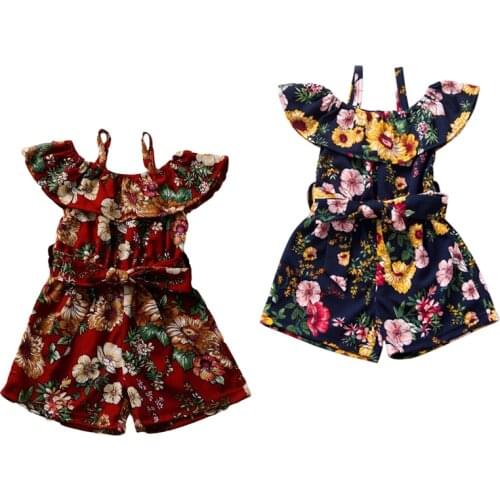 0-4Y Lovely Infant Kids Girls Rompers Flowers Printed Off Shoulder Ruffles Belt Jumpsuits