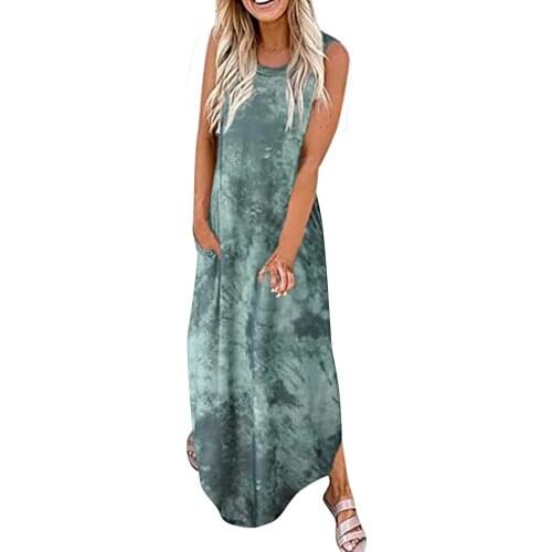 Tie-dye Printed Dress Women Summer New Pocket Sleeveless Long Dress Suspender Lloose Dresses Women Casual Vestido De Mujer
