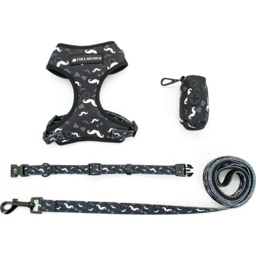 Adjustable Pet Dog Collar Durable Soft Cute Creative Colored Moustache Design Leash Neoprene Harness With Poop Bag Dispenser