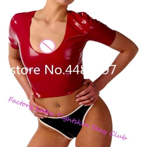 Latex Rubber Sexy Red Short Sleeves U-neck Shirt With Black Latex Briefs for Women sexy halloween costumes