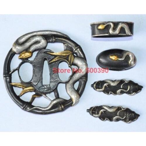 Fine Brass Copper Plated With Gold Silver Snake Guard Tsuba Menuki Fuchi Kashira For Japanese Wakizashi Samurai Katana Sword