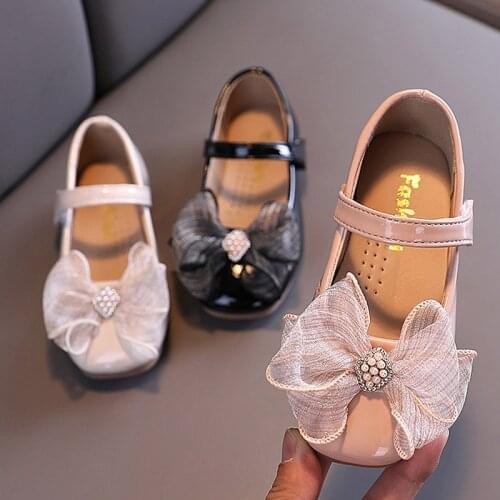 Girls Leather Shoes 2020 New Bow Princess Shoes For Baby Kids Dance Shoes Pearl Patent Leather Mary Janes Shoes Bead Toddlers