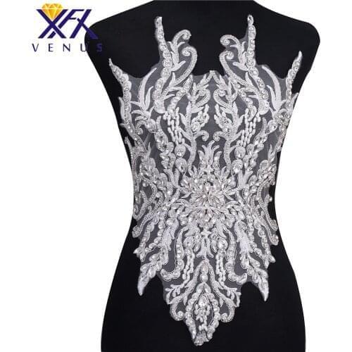 XFX VENUS Wholesales 5 Pcs Bridal Crystal Beaded Bodice Embroidery Wedding Dress Rhinestone Patch Applique Ball Gown DIY Fabric