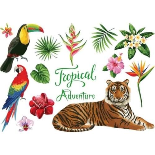 Green Plants Animal Tiger Parrot Birds Wall Stickers For Kids Child Rooms Nursery Wallpaper Home Decor Bedroom Office Art Mural