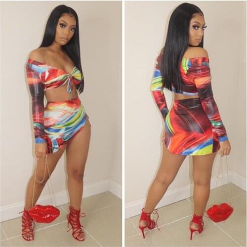 Color Contrast Print Two Piece Print Slash Neck Long Sleeve Drawstring Hollow Out Top and Bag Hip Mini Skirts Nightclub