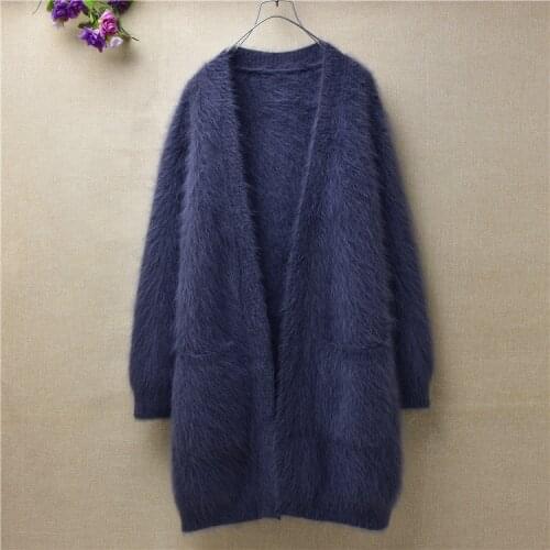Ladies women fashion hairy plush mink cashmere knitted long sleeves slim cardigans mantle angora fur winter jacket coat sweater