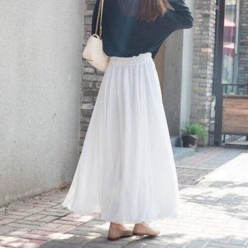 Beach Pleated Long Skirts Saias Xs-Xl Spring Autumn Korean 3 Layer Chiffon Maxi Skirts Womens Japanese Harajuku High Waist