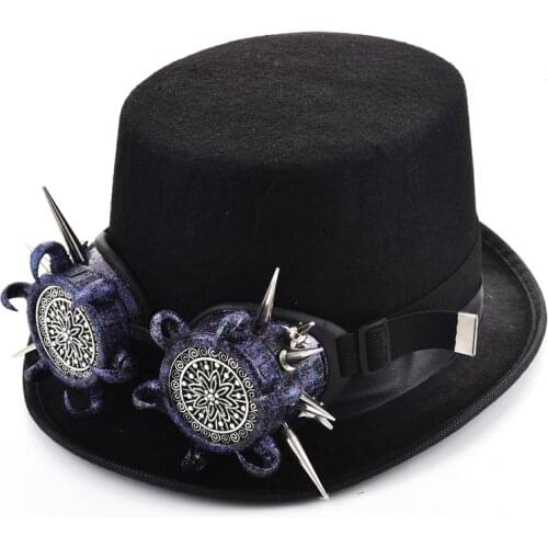 Punk Hat with Rivets Goggles Fashion Show Film Performance Top hat for Men and Women Steampunk Fedoras Rivet Glasses Hat Gothic