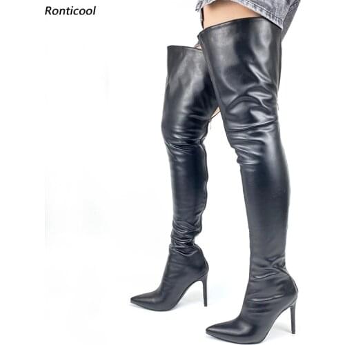Ronticool Handmade Women Winter Thigh Boots Side Zipper Sexy Stiletto Heels Pointed Toe Elegant Black Party Shoes Us Size 5-15