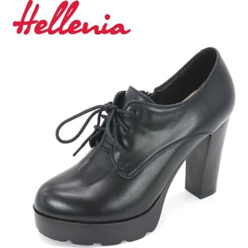 Hellenia Ladies Pump Platform high Heel Black Auumn Wedding Party shoes for Women Lace Up Rounded Toe Dress Working Footwear
