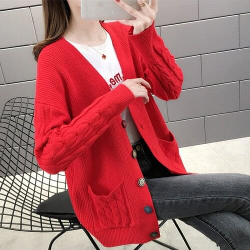 2020 Spring Autumn New Women knitted Sweater Cardigan coat Fashion V-neck Single-breasted Pocket Loose Sweaters Ladies Tops G451