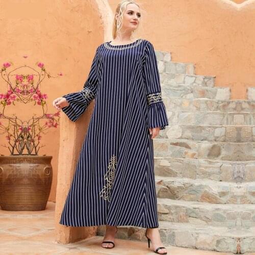 Long Abaya Dress Womens Gold Thread Embroidery Trumpet Long-sleeved Blue Ethnic Style Retro Islamic Elegant Long Skirt