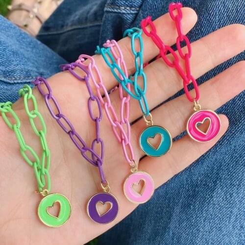 5Pcs Fashion Latest Enamel Heart Pendant Colorful enamel link chain Necklace Trendy 2021 Enamel Jewelry