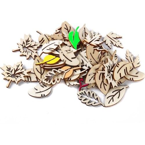 50pcs Handmade Leaves Art Graffiti Button Mix Leaf Natural Wood Chips Embellishments Scrapbooking Crafts Supplies