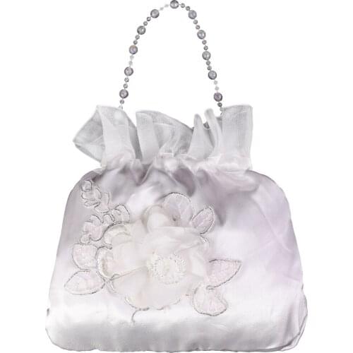 White Satin Bridal Dolly Bag, Wedding Flowergirl Handbags White Pearl & Embroidery Flower Decors