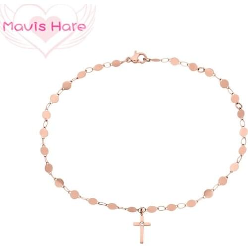 Mavis Hare Cross Bracelet Stainless Steel Crystal Cross Pendant with Multiple small round Chain Bracelet Bangle for Beach Girl