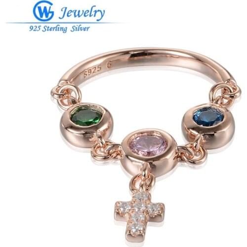 GW Fashion Jewelry Rose Golden Colour Blue CZ Crystal Rings Jewelry For Women 925 Silver Cross Pendant Ring Size 6 8 RIPY046H20