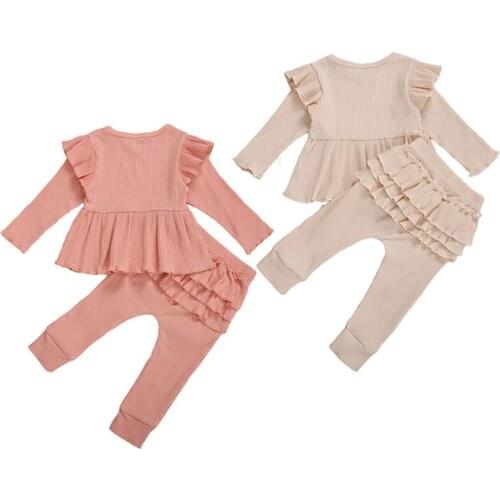 2Pcs Fall Kids Baby Girls Cloting Set Cotton Long Sleeve Tops Mini Dress+Jogger Pants Suit Ruffle Princess Casual Infant Outfits