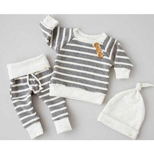 3Pcs Baby Clothing Sets Autumn Baby Boys Clothes Infant Striped Tops T-shirt+Pants Leggings + Hat 3pcs Outfits Set