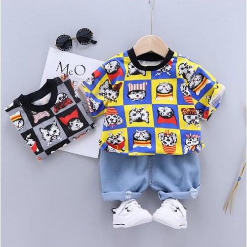 Childrens summer new baby baby boys girls suit cartoon cat O neck short sleeve shorts two-piece suit