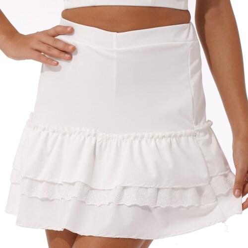 Womens Ladies Schoolgirl A-line Ruffled Mini SKirts Casual Lace Trimming High Waist Skirt Elastic Waistband Miniskirt