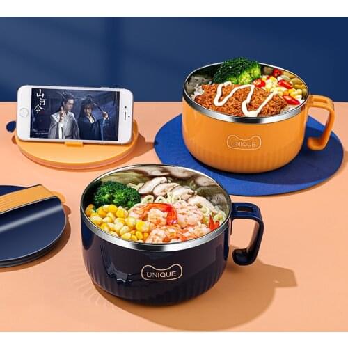 304Stainless Steel Instant Noodle Bowl Household Double Layer Noodle Bowl with Lid Handle Bowl Soup Bowl Large Bowl Plastic Bowl
