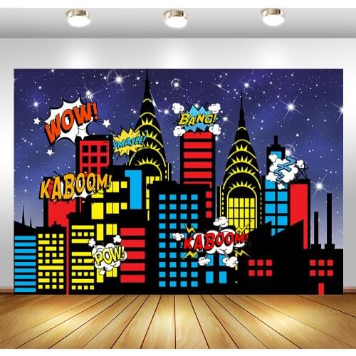 MOCSICKA Photography Backdrops Superhero Super City Skyline Buildings Children Birthday Party Event Banner Photo Studio Booth