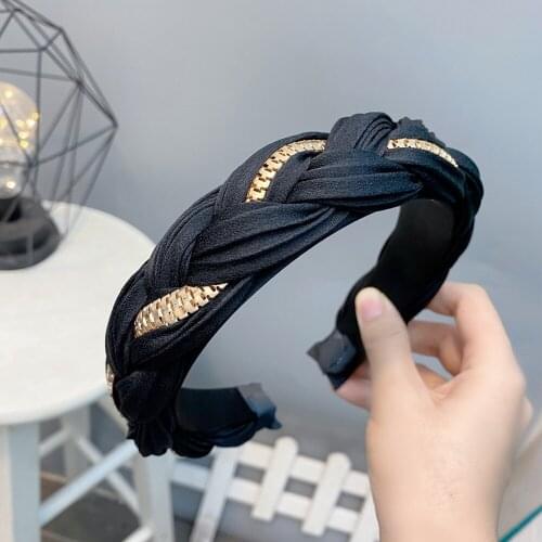 Fashion Women Black Headband Wide Side Crumpled Cloth Multi-layer Cross Knot Alloy Chain Hairband Adult Braid Hair Accessories