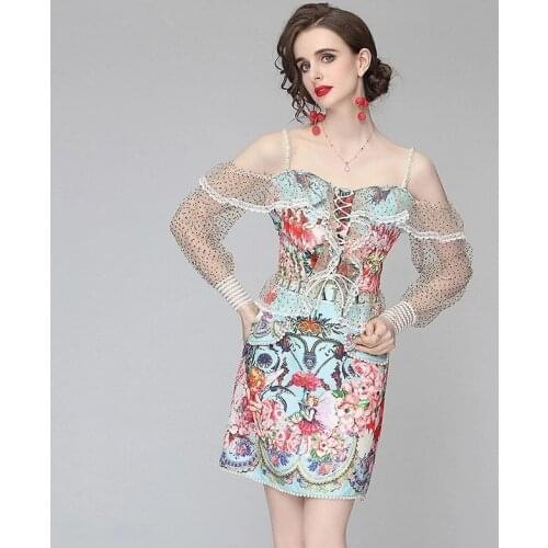 New Summer 2021 FashionOff Shoulder Mesh Sleeve Lace Patchwork Cropped Tops High Waist Bodycon Mini Skirt 2 Piece Set