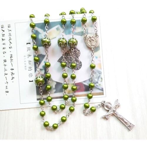 QIGO Catholic Prayer Jewelry Metal Cross Pendant Green Acrylic Rosary Necklace For Men Women Gifts