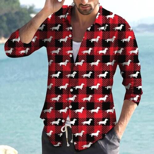 Christmas Red Plade Animals Cute Dog Puppy Mens Long Sleeve Custom Design Casual Shirt