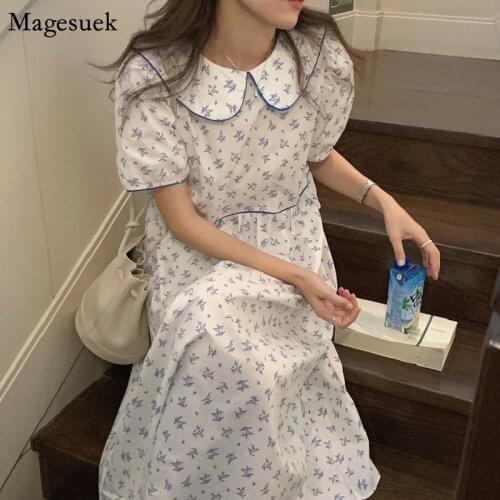 Puff Sleeve Summer Dress Women 2021 Sweet Doll Collar Loose Print Midi Dress Female Plus Size Korean Casual Floral Dresses 15258