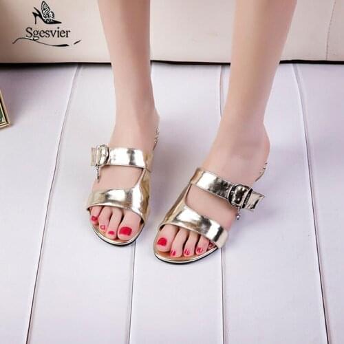 Sgesvier 2020 Rome Daily Thick Heel Flip Flops Gold Silver Slides Beach Sandals Peep Toe Buckle Shoes Woman Size 32-43 G285