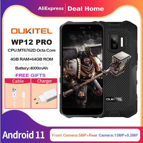 Oukitel WP12 Rugged IP68/69K SmartPhone 4GB+32GB 4000mAh 13MP Camera Phone Quad Core Android11 Mobile Phone 5.5'' HD+500W/1300W
