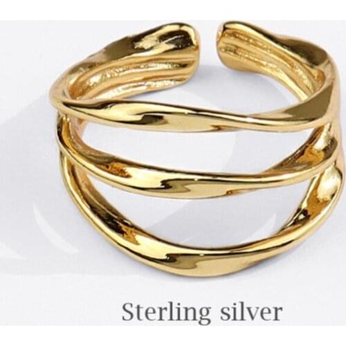 Sole Memory Hollow Lines Three Layers 925 Sterling Silver Female Resizable Opening Rings SRI821