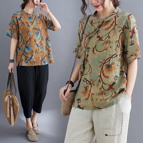 Traditional Chinese Tops for Women 2021 Summer Cotton Linen Casual Shirts Vintage Floral Print Loose Female Short Sleeve Hanfu