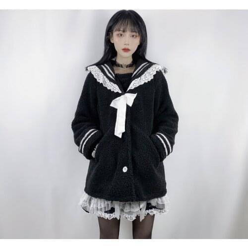 Sweet Lolita Fleece Coat Women Winter Japanese Kawaii Navy Style Sailor Collar Cute Princess Girls White Bow Long Overcoat