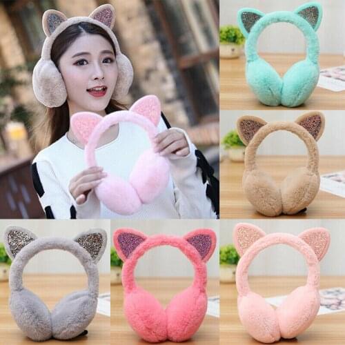 Women Girl Fur Winter Ear Warmer Earmuffs Cat Ear Muffs Earlap Glitter Sequin Earmuffs Ladies Plush Headband Warmer Outdoor