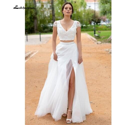 Sexy Wedding Dress Boho 2021 Two Pieces 2 A-Line Chiffon Side Slit Floor Length Long Sleeve Bohemian Bridal Gowns Robe De Marie