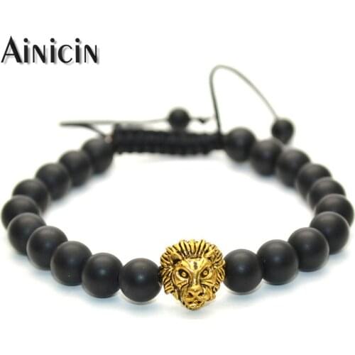 Gold Lion Head Black Onyx Matte Beads Sliding Clasp Handmade Bracelets for Men and Women Gift Bracelets 10pcs/lot