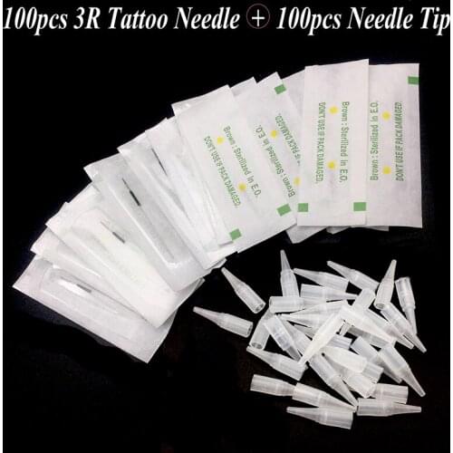 100pcs Tattoo Needle 3R and 100pcs Needle Tip Cap Permanent Makeup Eyebrow Pen Machine Disposable Agulhas Dermografo Universal