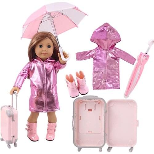 4Pcs=Raincoat+Umbrella+Rain Boots+Suitcase For 18 Inch American Doll&43Cm Reborn Baby Doll Accessories Generation Girl DIY Toys