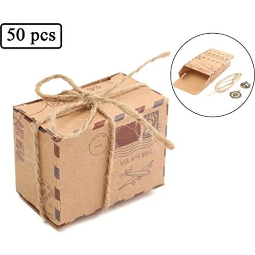 50Pcs/Pack Travel Themed Air Mail Design Candy boxes Kraft Paper Wedding Favor gifts Box With Burlap Twine and Metal Decoration