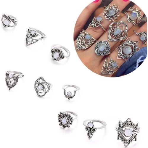 9pcs of pack vingate geometric knuckle rings for women with hollow crown/flower and inlay opal gem design female knokkels rings