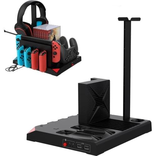 9 in 1 Cooling fan and Vertical Charging Stand Storage Tower for Nintendo Switch Joy Cons, Pro Controllers Gaming Headset Stand