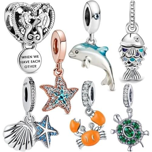 925 sterling silver ocean jewelry fit original Pandora bracelet cute fish starfish shell charm CZ dolphin Sea turtle pendant
